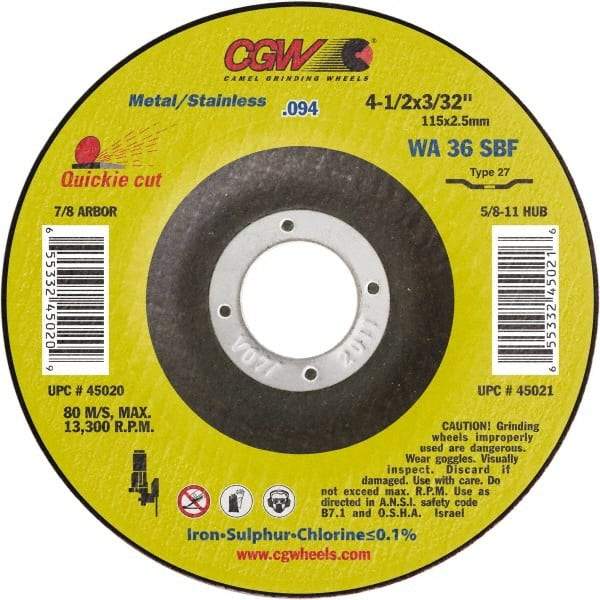 Camel Grinding Wheels - 36 Grit, 6" Wheel Diam, 3/32" Wheel Thickness, Type 27 Depressed Center Wheel - Medium Grade, Aluminum Oxide, Resinoid Bond, 10,200 Max RPM - A1 Tooling