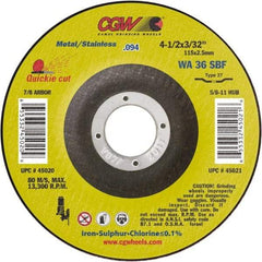 Camel Grinding Wheels - 36 Grit, 5" Wheel Diam, 3/32" Wheel Thickness, 7/8" Arbor Hole, Type 27 Depressed Center Wheel - Medium Grade, Aluminum Oxide, Resinoid Bond, 12,250 Max RPM - A1 Tooling