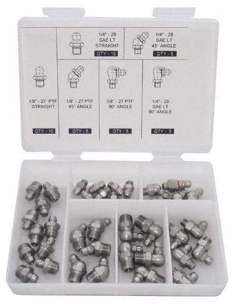 PRO-LUBE - 40 Piece, Inch, Box Plastic Stainless Steel Grease Fitting Set - Includes PTF, UNF Thread Types, Includes 1/4-28 SAE-LT: (10) Straight, (5) 45°, (5) 90°, 1/8-27 PTF: (10) Straight, (5) 45°, (5) 90° - A1 Tooling