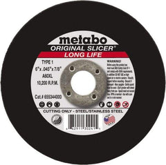 Metabo - 6" 60 Grit Aluminum Oxide Cutoff Wheel - 0.045" Thick, 7/8" Arbor, 10,200 Max RPM, Use with Angle Grinders - A1 Tooling