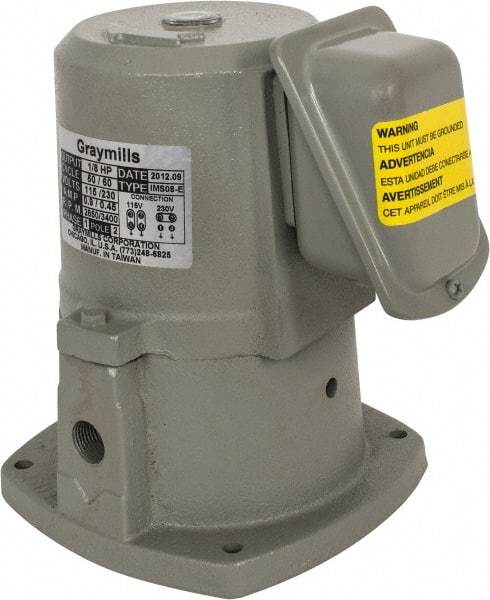 Graymills - 0.7/0.35 Amp, 115/230 Volt, 1/8 hp, 1 Phase, 3,450 RPM, Cast Iron Suction Machine Tool & Recirculating Pump - 9.5 GPM, 14 psi, 5-1/2" Long x 5-1/2" Mounting Flange Width, 6-7/8" Overall Height, Plastic Impeller, Sealed Motor - A1 Tooling