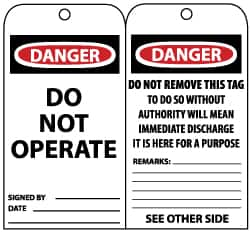 NMC - 3" High x 6" Long, DANGER - DO NOT OPERATE, English Safety & Facility Lockout Tag - Tag Header: Danger, 2 Sides, Black, Red & White Unrippable Vinyl - A1 Tooling