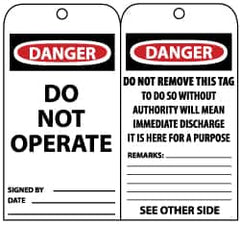 NMC - 3" High x 6" Long, DANGER - DO NOT OPERATE, English Safety & Facility Lockout Tag - Tag Header: Danger, 2 Sides, Black, Red & White Unrippable Vinyl - A1 Tooling