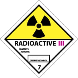 NMC - Accident Prevention Label - Legend: Radioactive III Contents: Activity: Transport Index, English, Black, Yellow, Pink & White, 4" Long x 4" High, Sign Muscle Finish - A1 Tooling