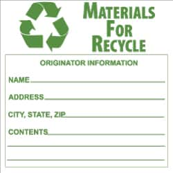 NMC - Hazardous Materials Label - Legend: Materials for Recycle - Originator Information - Name _____, Address _____, City, State, Zip _____, Contents _______, English, Green & White, 6" Long x 6" High, Sign Muscle Finish - A1 Tooling