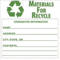 NMC - Hazardous Materials Label - Legend: Materials for Recycle - Originator Information - Name _____, Address _____, City, State, Zip _____, Contents _______, English, Green & White, 6" Long x 6" High, Sign Muscle Finish - A1 Tooling