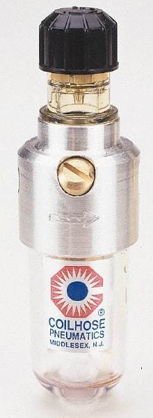 Coilhose Pneumatics - 1/4 NPT Port, 250 Max psi, Miniature Lubricator - Metal Bowl, Cast Aluminum Body, 11 CFM, 250°F Max, 1-1/2" Wide x 5" High - A1 Tooling