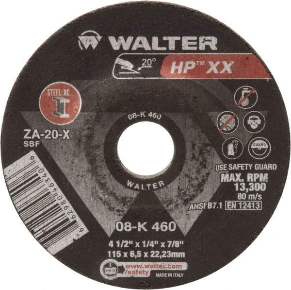 WALTER Surface Technologies - 20 Grit, 4-1/2" Wheel Diam, 1/4" Wheel Thickness, Type 27 Depressed Center Wheel - Aluminum Oxide, 13,300 Max RPM - A1 Tooling