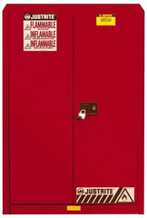 Justrite - 2 Door, 5 Shelf, Red Steel Standard Safety Cabinet for Flammable and Combustible Liquids - 65" High x 43" Wide x 18" Deep, Manual Closing Door, 3 Point Key Lock, 60 Gal Capacity - A1 Tooling