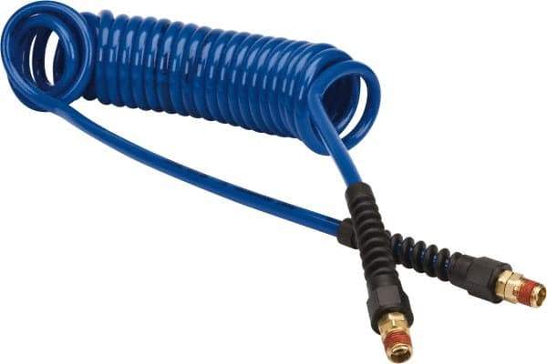 Coilhose Pneumatics - 1/4" ID, 1/4 Thread, 15' Long, Dark Blue Polyurethane Coiled & Self Storing Hose - 125 Max psi, Male Swivel x Male Swivel with Strain Relief - A1 Tooling