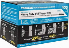 Toggler - 3/16" Screw, 6-1/4" Long, 3/8 to 3-5/8" Thick, Toggle Bolt Drywall & Hollow Wall Anchor - 3/16 - 24" Thread, 1/2" Drill, Zinc Plated, Steel, Grade 1010, Use in Drywall - A1 Tooling