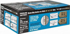 Toggler - 3/16" Screw, 6-1/4" Long, 3/8 to 3-5/8" Thick, Toggle Bolt Drywall & Hollow Wall Anchor - 3/16 - 24" Thread, 1/2" Drill, Zinc Plated, Steel, Grade 1010, Use in Drywall - A1 Tooling