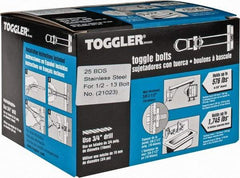 Toggler - 1/2" Screw, 6" Long, 3/8 to 2-1/2" Thick, Toggle Bolt Drywall & Hollow Wall Anchor - 1/2 - 13" Thread, 3/4" Drill, Uncoated, Stainless Steel, Grade 304, Use in Drywall - A1 Tooling