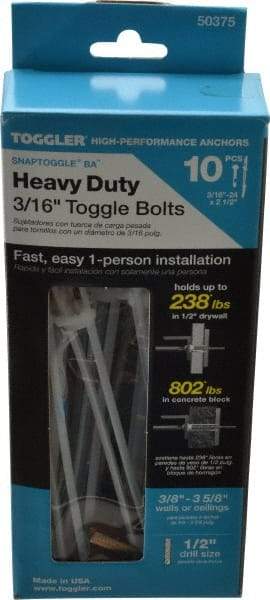 Toggler - 3/16" Screw, 6-1/4" Long, 3/8 to 3-5/8" Thick, Toggle Bolt Drywall & Hollow Wall Anchor - 3/16 - 24" Thread, 1/2" Drill, Zinc Plated, Steel, Grade 1010, Use in Drywall - A1 Tooling