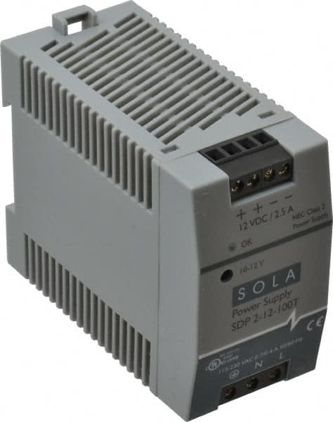 Sola/Hevi-Duty - 100 Watt, 3 to 2.5 Amp, 264 VAC, 375 VDC Input, 10 to 12 VDC Output, DIN Rail Power Supply - Screw Terminal Connection, 1 Output, 1.77 Inch Wide x 3.58 Inch Deep x 2.95 Inch High, Up to 80% Efficiency, 14 to 140°F, Green LED Display - A1 Tooling