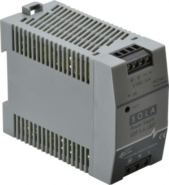 Sola/Hevi-Duty - 100 Watt, 5 Amp, 264 VAC, 375 VDC Input, 5 to 6 VDC Output, DIN Rail Power Supply - Screw Terminal Connection, 1 Output, 1.77 Inch Wide x 3.58 Inch Deep x 2.95 Inch High, Up to 80% Efficiency, 14 to 140°F, Green LED Display - A1 Tooling