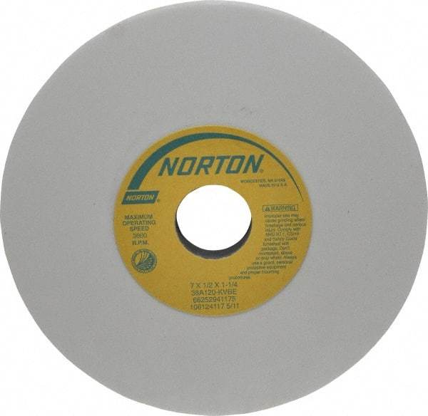 Norton - 7" Diam x 1-1/4" Hole x 1/2" Thick, K Hardness, 120 Grit Surface Grinding Wheel - Aluminum Oxide, Type 1, Fine Grade, 3,600 Max RPM, Vitrified Bond, No Recess - A1 Tooling