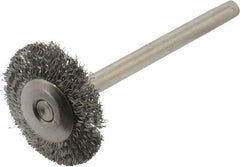 Value Collection - 3/4" OD, 1/8" Shank Diam, 3/4" Arbor Hole, Crimped Stainless Steel Wheel Brush - 3/4" Face Width, 0.003" Filament Diam, 15,000 RPM - A1 Tooling