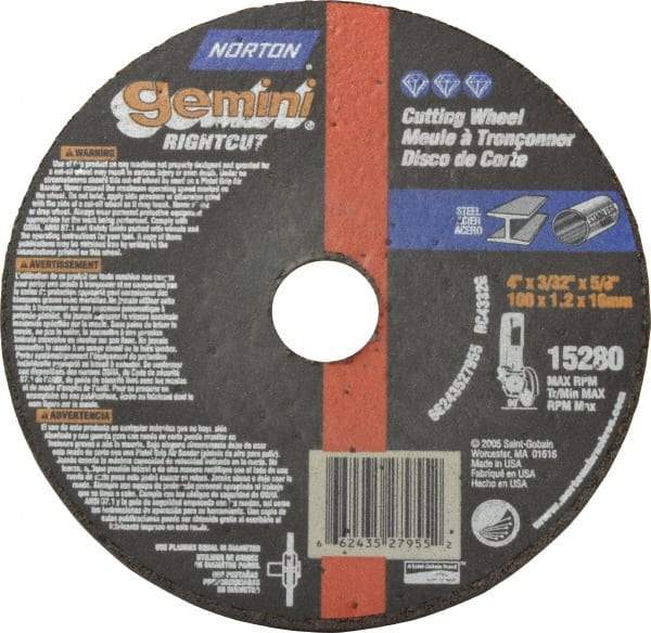 Norton - 4" Aluminum Oxide Cutoff Wheel - 3/32" Thick, 5/8" Arbor, 15,280 Max RPM, Use with Angle Grinders - A1 Tooling