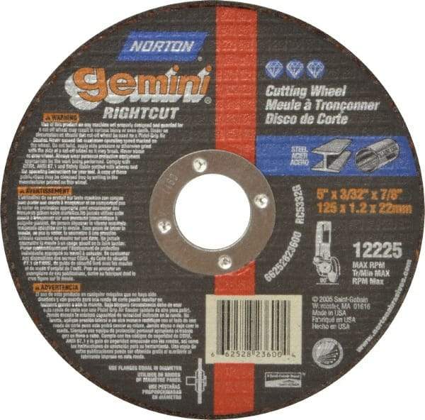 Norton - 5" Aluminum Oxide Cutoff Wheel - 3/32" Thick, 7/8" Arbor, 12,225 Max RPM, Use with Angle Grinders - A1 Tooling