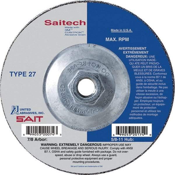 Sait - 4-1/2" Wheel Diam, 3/32" Wheel Thickness, Type 27 Depressed Center Wheel - Ceramic, Resinoid Bond, 13,300 Max RPM, Compatible with Angle Grinder - A1 Tooling