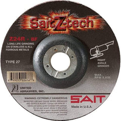 Sait - 24 Grit, 7" Wheel Diam, 1/4" Wheel Thickness, 7/8" Arbor Hole, Type 27 Depressed Center Wheel - Zirconia Alumina, Resinoid Bond, R Hardness, 8,500 Max RPM, Compatible with Angle Grinder - A1 Tooling