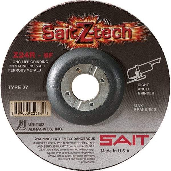 Sait - 24 Grit, 4" Wheel Diam, 1/4" Wheel Thickness, 5/8" Arbor Hole, Type 27 Depressed Center Wheel - Zirconia Alumina, Resinoid Bond, R Hardness, 13,500 Max RPM, Compatible with Angle Grinder - A1 Tooling