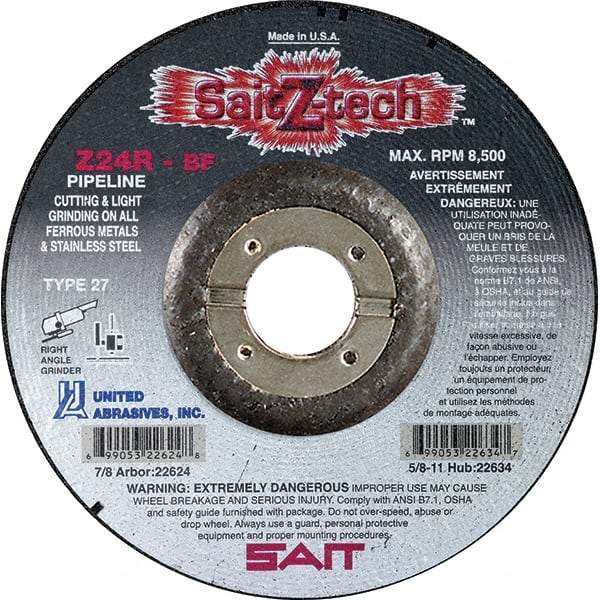 Sait - 24 Grit, 7" Wheel Diam, 1/8" Wheel Thickness, 7/8" Arbor Hole, Type 27 Depressed Center Wheel - Zirconia Alumina, Resinoid Bond, R Hardness, 8,500 Max RPM, Compatible with Angle Grinder - A1 Tooling