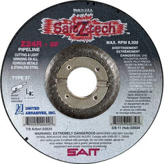 Sait - 24 Grit, 4-1/2" Wheel Diam, 1/8" Wheel Thickness, 7/8" Arbor Hole, Type 27 Depressed Center Wheel - Zirconia Alumina, Resinoid Bond, R Hardness, 13,300 Max RPM, Compatible with Angle Grinder - A1 Tooling