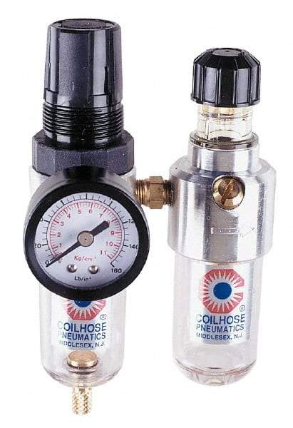 Coilhose Pneumatics - 1/4" NPT Port Miniature 2 Piece Filter/Regulator-Lubricator FRL Unit - Polycarbonate Bowl, 25 SCFM, 150 Max psi, 6" High, Manual Drain - A1 Tooling