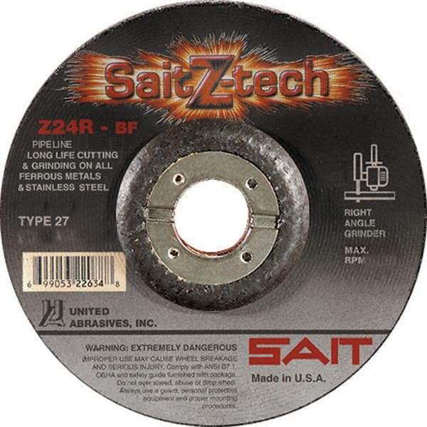 Sait - 24 Grit, 6" Wheel Diam, 3/32" Wheel Thickness, 7/8" Arbor Hole, Type 27 Depressed Center Wheel - Zirconia Alumina, Resinoid Bond, R Hardness, 10,200 Max RPM, Compatible with Angle Grinder - A1 Tooling