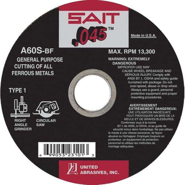 Sait - 4" 60 Grit Aluminum Oxide Cutoff Wheel - 0.045" Thick, 5/8" Arbor, 19,000 Max RPM, Use with Angle Grinders - A1 Tooling