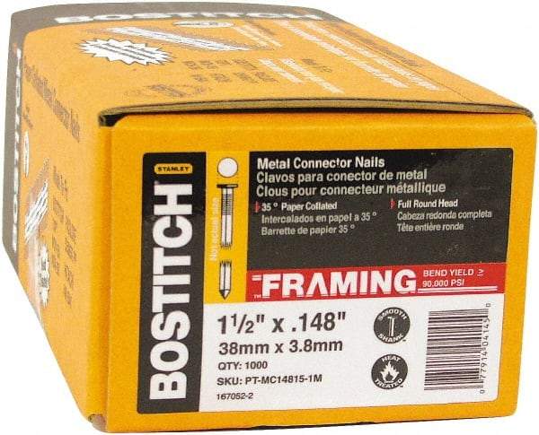 Stanley Bostitch - 10 Gauge 0.148" Shank Diam 1-1/2" Long Metal Connecting Nails for Power Nailers - Steel, Bright Finish, Smooth Shank, Angled Stick Paper Tape Collation, Round Head, Diamond Point - A1 Tooling