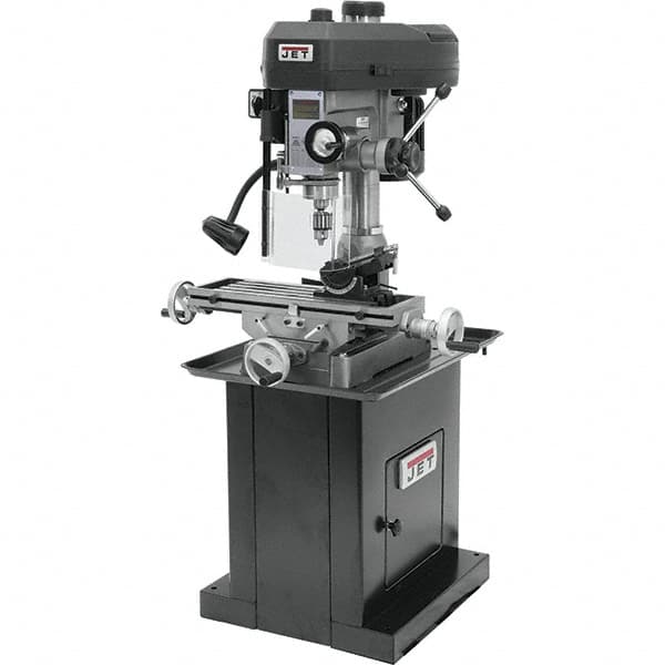 Jet - 1 Phase, 14-1/2" Swing, Step Pulley Mill Drill Machine - 23" Table Length x 7-1/2" Table Width, 14" Longitudinal Travel, 5-1/2" Cross Travel, 12 Spindle Speeds, 1 hp, 115/230 Volts - A1 Tooling