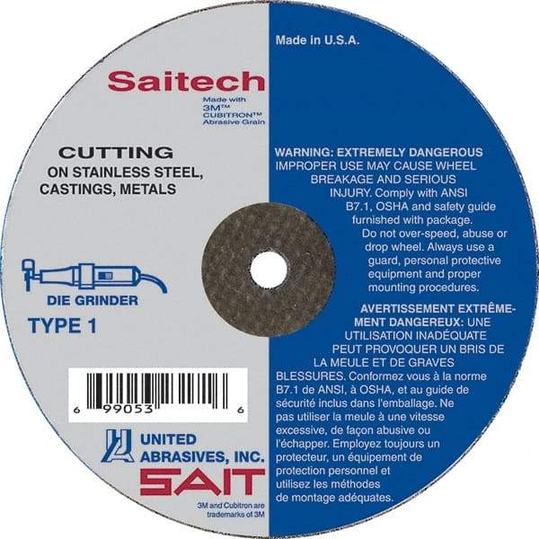 Sait - 3" Aluminum Oxide Cutoff Wheel - 0.035" Thick, 3/8" Arbor, 25,000 Max RPM, Use with Die Grinders - A1 Tooling