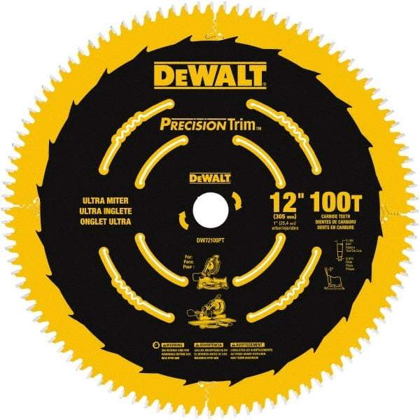 DeWALT - 12" Diam, 1" Arbor Hole Diam, 100 Tooth Wet & Dry Cut Saw Blade - Carbide-Tipped, Crosscutting Action, Standard Round Arbor - A1 Tooling