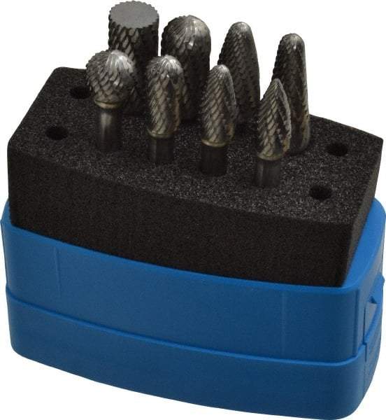 Made in USA - 8 Piece, 1/4" Shank Burr Set - Solid Carbide, Multiple Head Shapes, 14° Included Angle - A1 Tooling