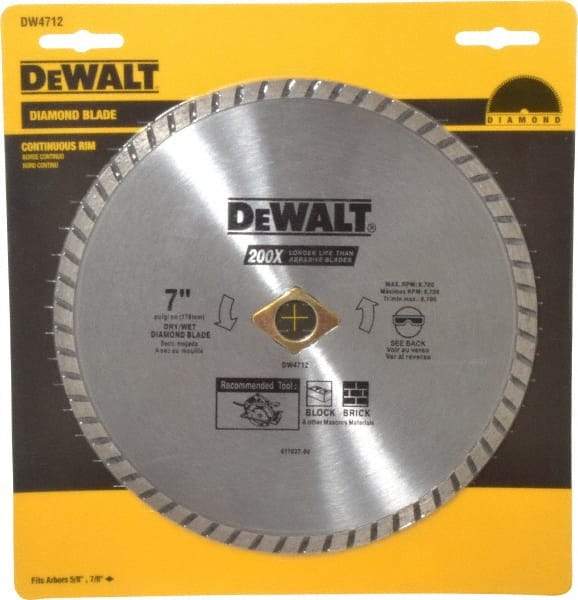 DeWALT - 7" Diam, 5/8" Arbor Hole Diam, Wet & Dry Cut Saw Blade - Diamond-Tipped, Standard Round Arbor - A1 Tooling