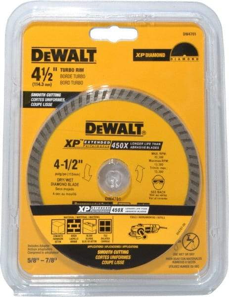 DeWALT - 4-1/2" Diam, 7/8" Arbor Hole Diam, Wet & Dry Cut Saw Blade - Diamond-Tipped, Standard Round Arbor - A1 Tooling