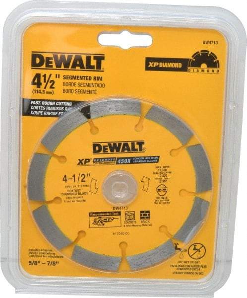 DeWALT - 4-1/2" Diam, 7/8" Arbor Hole Diam, Wet & Dry Cut Saw Blade - Diamond-Tipped, Standard Round Arbor - A1 Tooling