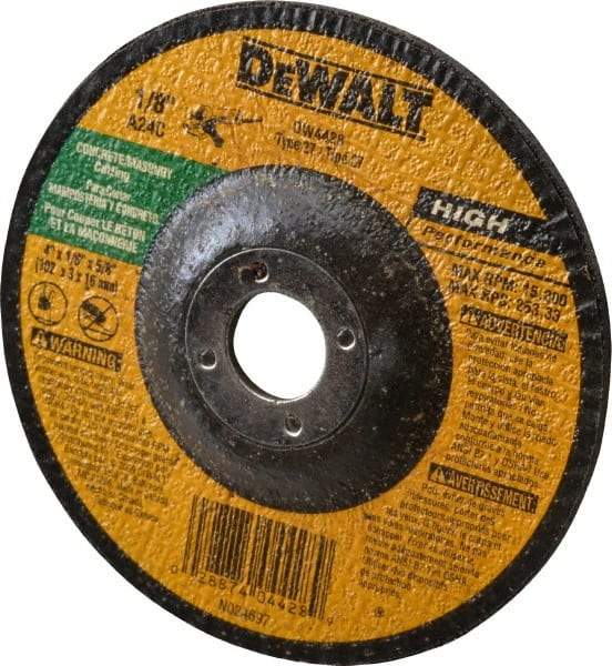 DeWALT - 24 Grit, 4" Wheel Diam, 1/8" Wheel Thickness, 5/8" Arbor Hole, Type 27 Depressed Center Wheel - Silicon Carbide, R Hardness, 13,500 Max RPM, Compatible with Angle Grinder - A1 Tooling