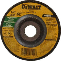 DeWALT - 24 Grit, 4-1/2" Wheel Diam, 1/4" Wheel Thickness, 7/8" Arbor Hole, Type 27 Depressed Center Wheel - Silicon Carbide, R Hardness, 12,000 Max RPM, Compatible with Angle Grinder - A1 Tooling