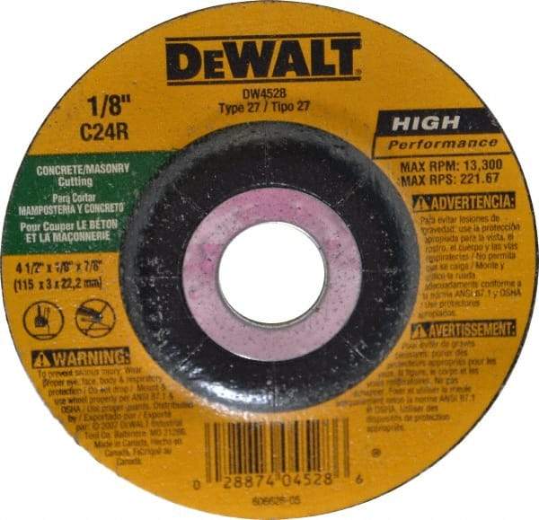 DeWALT - 24 Grit, 4-1/2" Wheel Diam, 1/8" Wheel Thickness, 7/8" Arbor Hole, Type 27 Depressed Center Wheel - Silicon Carbide, R Hardness, 12,000 Max RPM, Compatible with Angle Grinder - A1 Tooling