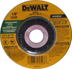 DeWALT - 24 Grit, 4-1/2" Wheel Diam, 1/8" Wheel Thickness, 7/8" Arbor Hole, Type 27 Depressed Center Wheel - Silicon Carbide, R Hardness, 12,000 Max RPM, Compatible with Angle Grinder - A1 Tooling