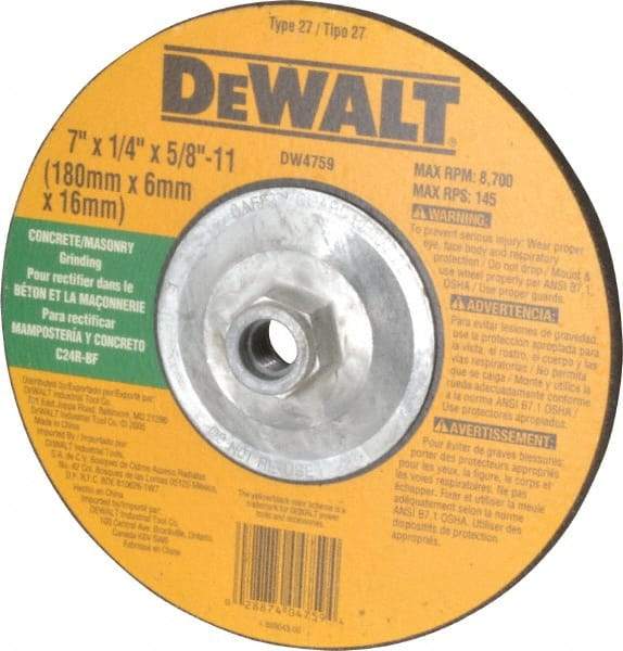 DeWALT - 24 Grit, 7" Wheel Diam, 1/4" Wheel Thickness, Type 27 Depressed Center Wheel - Silicon Carbide, R Hardness, 8,700 Max RPM, Compatible with Angle Grinder - A1 Tooling