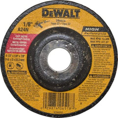 DeWALT - 24 Grit, 4-1/2" Wheel Diam, 1/8" Wheel Thickness, 7/8" Arbor Hole, Type 27 Depressed Center Wheel - Aluminum Oxide, R Hardness, 13,300 Max RPM, Compatible with Angle Grinder - A1 Tooling