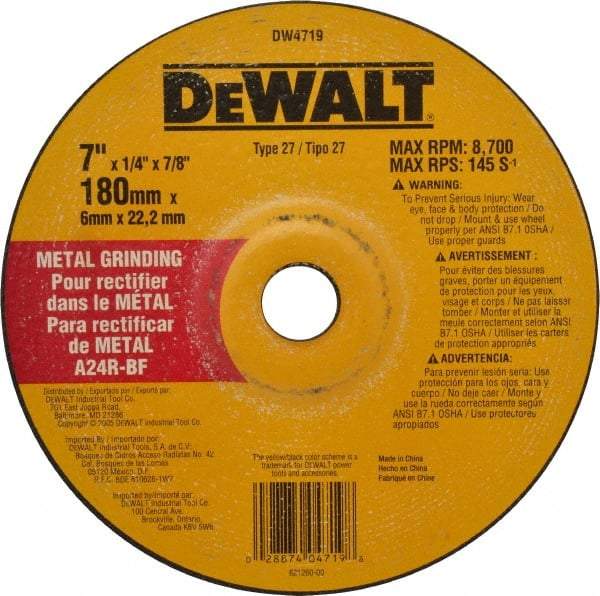 DeWALT - 24 Grit, 7" Wheel Diam, 1/4" Wheel Thickness, 7/8" Arbor Hole, Type 27 Depressed Center Wheel - Aluminum Oxide, R Hardness, 8,700 Max RPM, Compatible with Angle Grinder - A1 Tooling