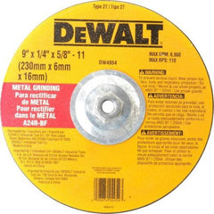 DeWALT - 24 Grit, 9" Wheel Diam, 1/4" Wheel Thickness, Type 27 Depressed Center Wheel - Aluminum Oxide, R Hardness, 6,600 Max RPM, Compatible with Angle Grinder - A1 Tooling