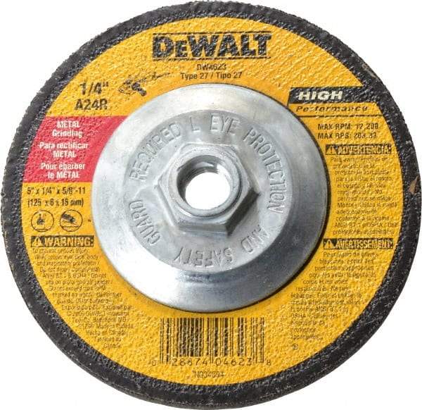 DeWALT - 24 Grit, 5" Wheel Diam, 1/4" Wheel Thickness, Type 27 Depressed Center Wheel - Aluminum Oxide, R Hardness, 12,200 Max RPM, Compatible with Angle Grinder - A1 Tooling