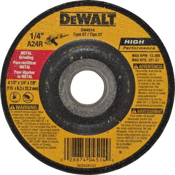 DeWALT - 24 Grit, 4-1/2" Wheel Diam, 1/4" Wheel Thickness, 7/8" Arbor Hole, Type 27 Depressed Center Wheel - Aluminum Oxide, R Hardness, 13,300 Max RPM, Compatible with Angle Grinder - A1 Tooling